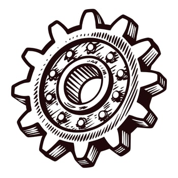 Vintage hand drawn mechanical gear wheel with ball bearing engraving, isolated industrial illustration vector