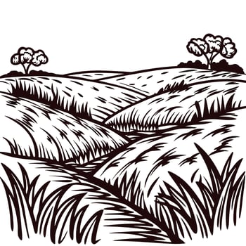 Idyllic field landscape with rolling hills and trees in black and white sketch design vector