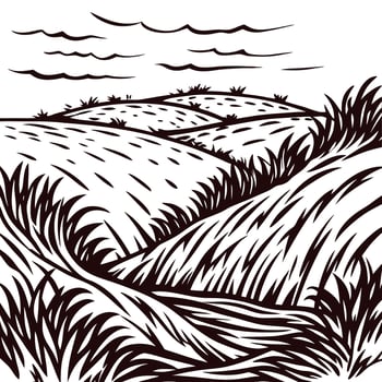 Rolling hills with wind swept grass under a cloudy sky in black and white artwork vector