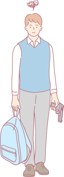 Illustration of a young man holding a backpack in one hand and a gun in the other, symbolizing modern lifes tension png