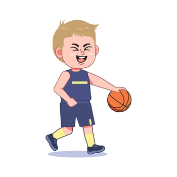 Blond Cute Little Boy Cartoon Playing Basketball Happy Dribble vector