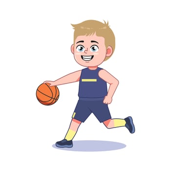 Blond Cute Little Boy Cartoon Playing Basketball Dribbling vector