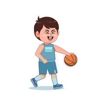 Asian Cute Little Boy Cartoon Playing Basketball Happy Dribbling vector