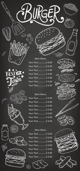 The chalkboard-like background creates a nostalgic effect while emphasizing the menu items. vector