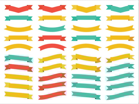 Colorful collection of ribbons and banners in flat style with diverse shapes and colors. vector
