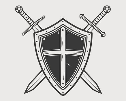 Vintage shield and crossed swords emblem illustrating protection and defense elements in monochrome design vector