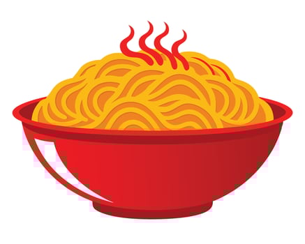 Vibrant illustration of a red bowl filled with freshly cooked and steaming noodles ready to eat vector