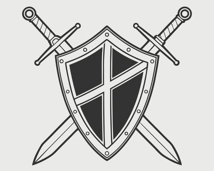 Medieval shield and crossed swords emblem illustrating valor protection and security symbolism vector
