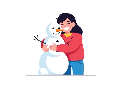 Girl hugging snowman winter holiday fun vector