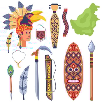 Indigenous artifacts and traditional weapons collection vector