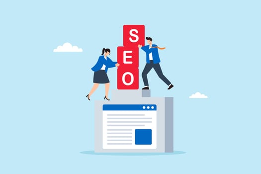 Flat illustration of business marketing team stacking SEO blocks to elevate website visibility on search engine ranking podium vector