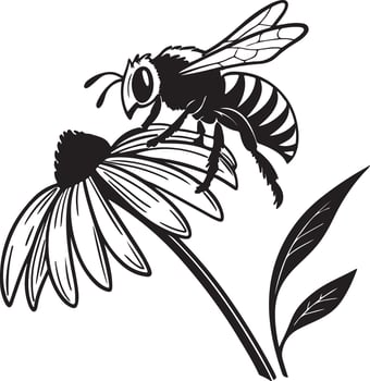 Weary bee silhouette resting with lowered wings on flower stem, clean black flat shape, traceable design, stock friendly layout vector