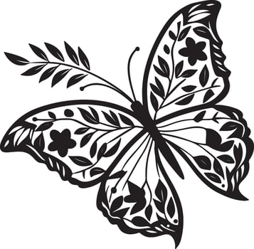 Elegant butterfly silhouette featuring floral wing details, symmetrical black shape, no background, great for microstock platforms vector