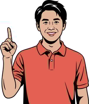 A man in a red shirt is pointing his finger up vector