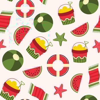 Summer beach seamless pattern background. Beach vacation background with watermelon, sea star, beach ball, beach towel and sand bucket vector