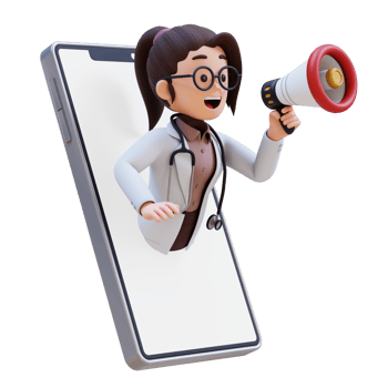 3D render woman doctor character is holding a megaphone and is speaking into it png