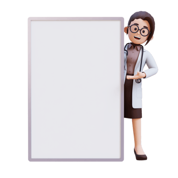 3D render woman doctor character presenting to a blank white board png