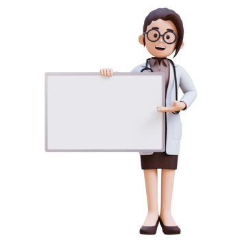 3D render woman doctor character is presenting to a white board with a smile png