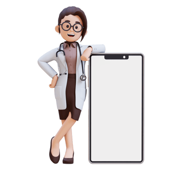 3D render woman doctor character stands next to a white cell phone png