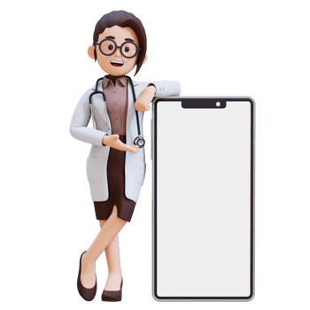 3D render woman doctor character presenting to a cell phone with a white background png