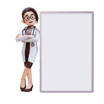 3D render woman doctor character in a white coat stands beside a white board png
