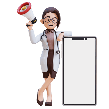3D render woman doctor character holding a megaphone lay on phone with blank screen png