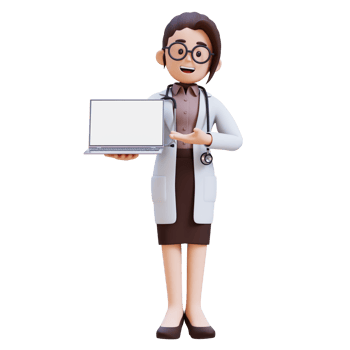 3D render woman doctor character in a white lab coat presenting to a laptop png
