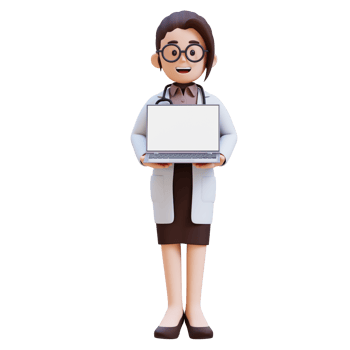 3D render woman doctor character holding a laptop with a white screen png