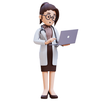 3D render woman doctor character is holding a laptop computer and surprised png