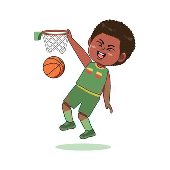African American Cute Little Boy Cartoon Playing Basketball Slam Dunk Score vector