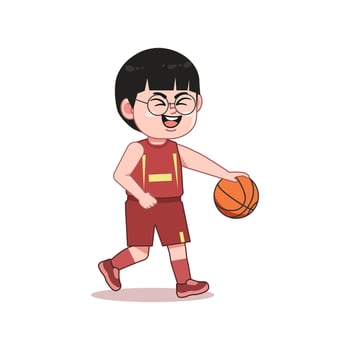 Chinese Happy cute kid boy play train basketball Dribbling Ball vector