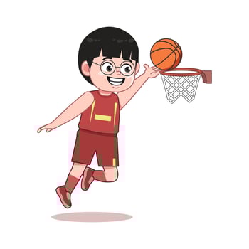 Chinese Cartoon cute little boy playing basketball Lay Up Score vector