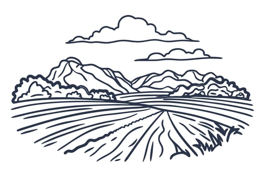 Mountain landscape with fields and clouds rural countryside view, farmland horizon, nature scene illustration vector