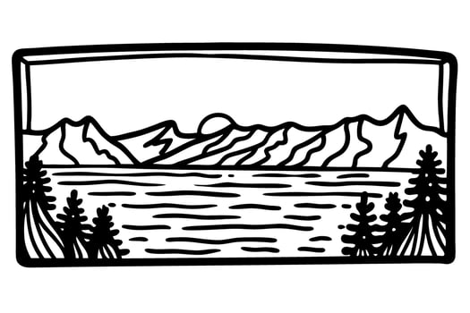 Mountain landscape with sunrise over lake, pine trees in foreground nature scenery, wilderness view illustration vector