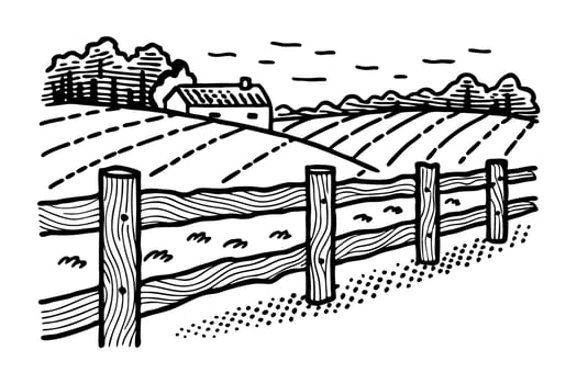 Countryside farmhouse with wooden fence rural landscape, rolling fields, trees, peaceful agriculture scene vector