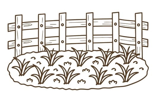 Wooden fence with garden grass patch simple hand drawn field, rural landscape, countryside agricultural element vector