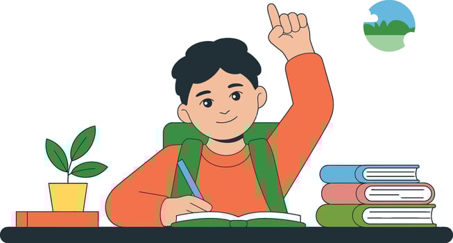 Boy in school raising hand and writing in book illustration vector