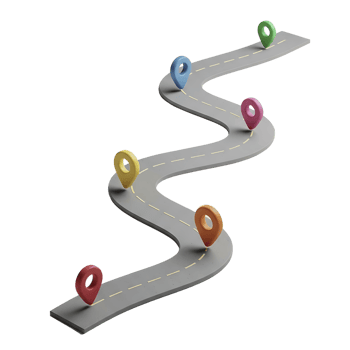A winding road with colorful location markers indicating a journey or route. png