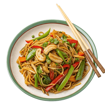 Flavorful Stir Fried Noodles with Fresh Vegetables and Chicken png