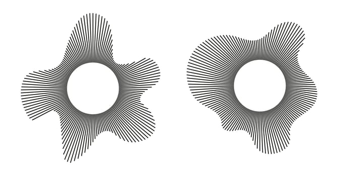 Radial wavy frame set. Circular waves. Sound lines patterns. Circle graphic thin rings. Radial rays. Design elements. Equalizer logo icons, radial spectrum. Voice simple symbol. Depicting audio music. vector