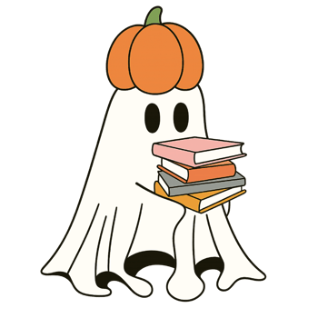 A ghost holding a pumpkin and books png
