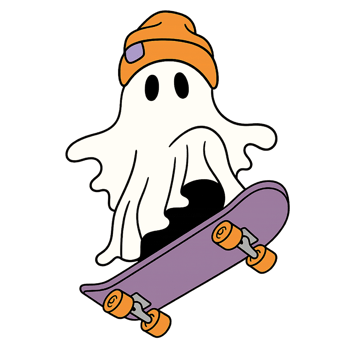 A cartoon ghost riding a skateboard png