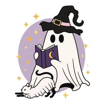 A ghost reading a book with a cat on its back png