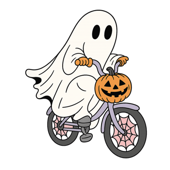 A cartoon ghost riding a bike with a pumpkin on it png
