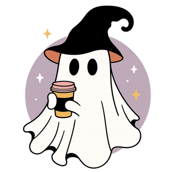 A ghost holding a coffee cup with a witch hat png