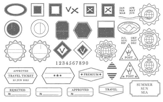 Blank postage rubber stamps. Mockup office stamp. Clean post postmark template. Vintage style sticker collection, travel destination mail, tourism, mountain, summer, sun theme. illustration vector