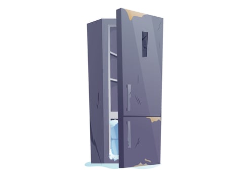 cartoon illustration of old dirty fridge with broken panel, scratches, slightly open door. Worn out refrigerator with stains and damage, for game backgrounds, or abandoned interiors. vector