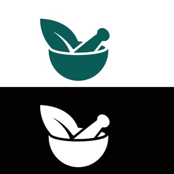 A black and white logo with a mortar and pestle vector