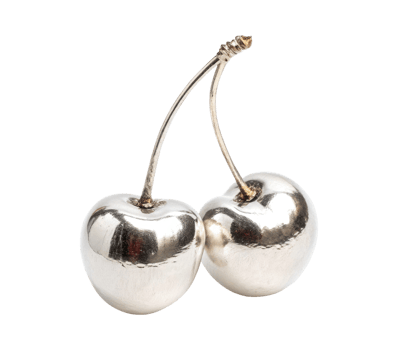 Two cherries made of lighting silver chrome isolated on a transparent background png