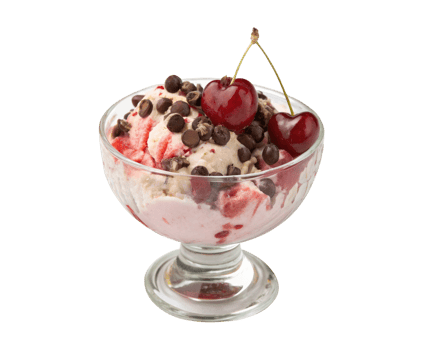 A glass bowl of cherry chocolate yogurt with chocolate chips isolated on a transparent background png